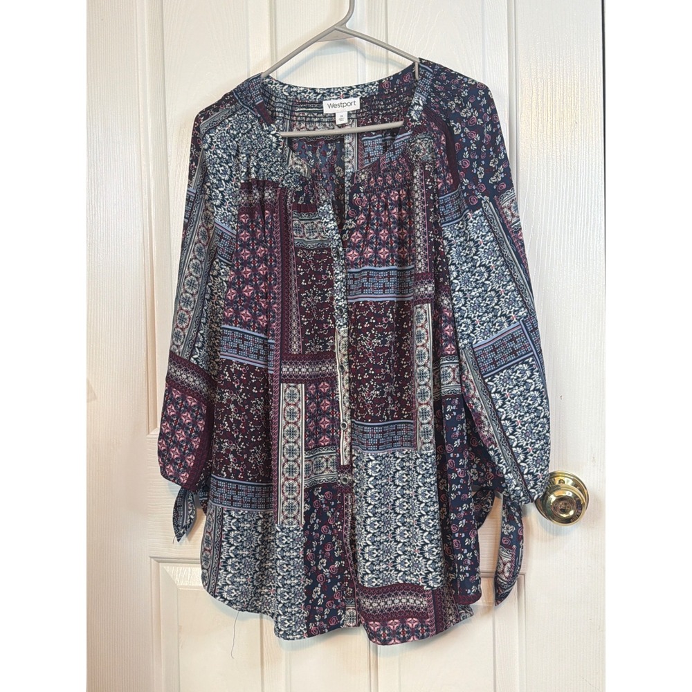 Westport Womens 1X Boho Patchwork Floral Button Front Blouse Tie Sleeve Navy Red